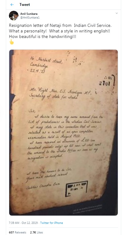Image of story on Twitter about Netaji Resignation Letter to ICS, Indian Civil Service