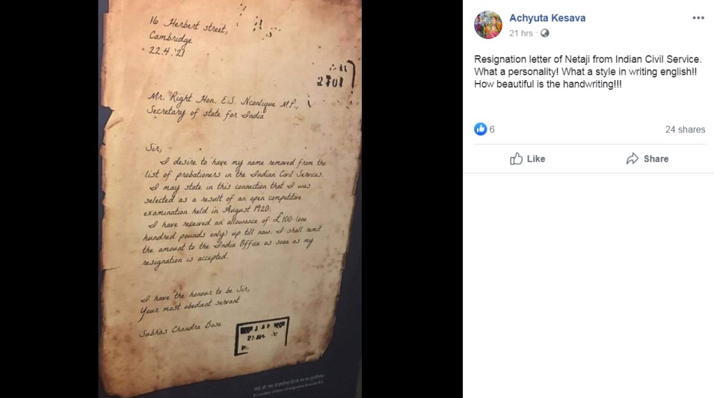 Image of story on Facebook about Netaji Resignation Letter to ICS, Indian Civil Service