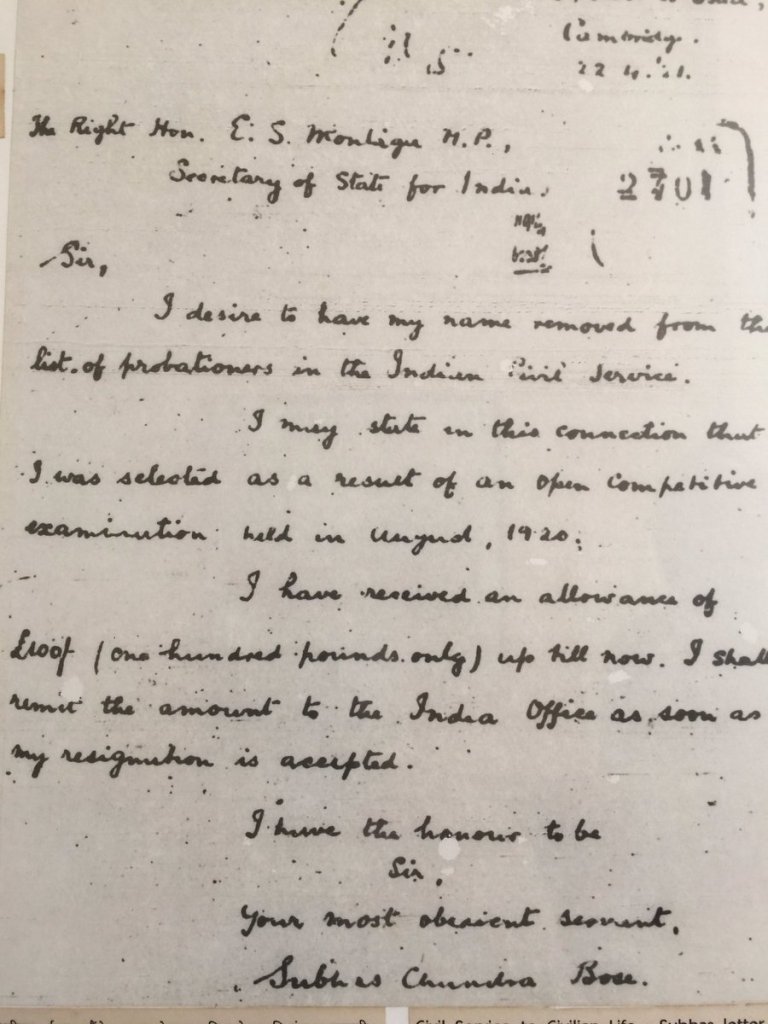 Image of Original Netaji Resignation Letter to ICS, Indian Civil Service