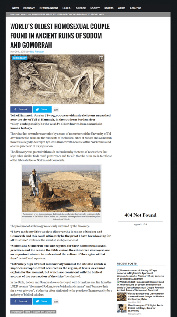 Image of origin article on satirical, World News Daily News Report website