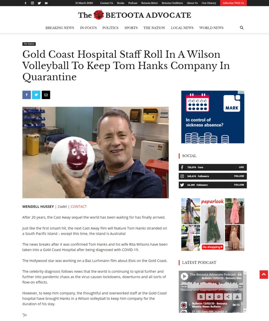 Image about Tom Hanks Has Wilson Company in Coronavirus Quarantine