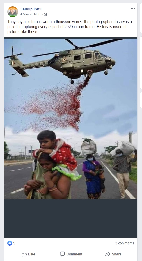 Image about IAF Helicopter Showers Petals on Migrant Workers, Photograph