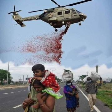 Image about IAF Helicopter Showers Petals on Migrant Workers, Photograph